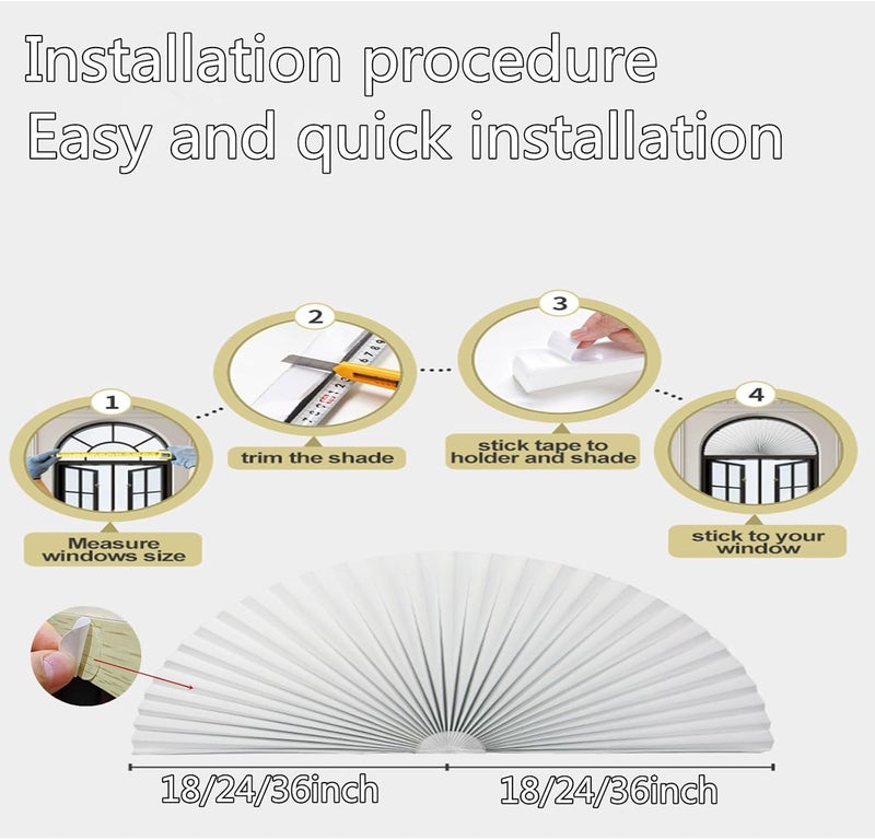 Garayma Arch Window Pleated Blinds Half Circle Window Shades Cordless Non-Woven Self Adhesive Shades Half Moon Round Window Cover Easy to Cut & Install - Image 2